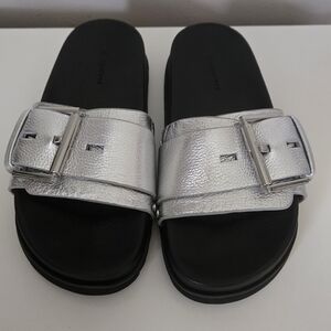 All Saints Silver Buckle Slide Sandals with Black Footbed